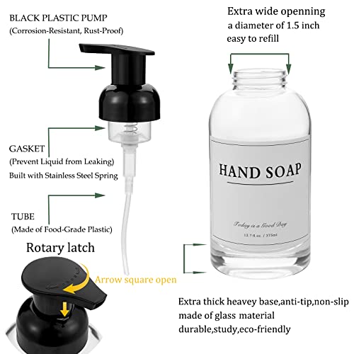 rejomiik Foaming Soap Dispenser Thick Glass Foam for Bathroom or Kitchen Sink, 12.7 oz Clear Pump Bottles for Hand soap, Body Wash, Black 2 Pack - color: Clear