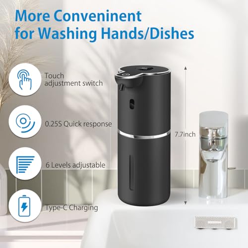 Automatic Liquid Soap Dispenser 12.8oz, Rechargeable & 6 Levels Soap Adjustable with Digital Display, Wall Mount, Waterproof, Touchless Hand/Dish Soap Dispenser for Kitchen, Bathroom, Hotel - color: Black