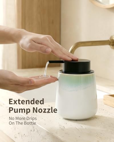Bosilunlife Ceramic Bathroom Soap Dispenser - 12Oz Bathroom Countertop Kitchen Dish Soap Pump Dispenser Liquid Soap Dispenser - Matte White with Blue-Green Rim - color: Blue-green Rim