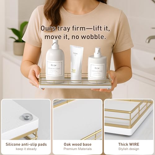Bathroom Tray for Counter Top Organizer, Oak Wood Vanity Tray | Metal Frame for Dresser, Kitchen & Nightstand, Gold & White Decorative Storage - color: Gold & White, size: 11" x 4.5" x 1.5"