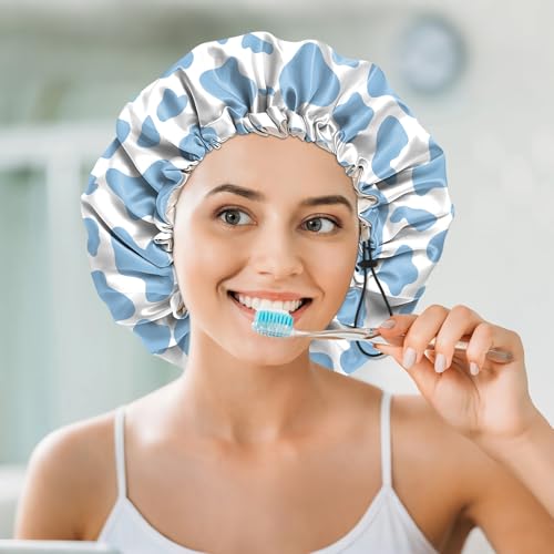 Luxury Shower Cap Silk Satin Lined Waterproof Reusable Adjustable Elastic Dry Hair Bathing Caps Cute for Women Girls-Blue Cow - color: C-15-Blue Cow