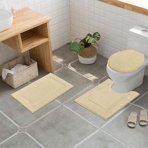SHACOS Microfiber Bathroom Rugs Set of 3 with Toilet Lid Cover Non Slip | Washable Bath Mat Absorbent Bathroom Carpet 16"x24"+U Shape Toilet Rug 20"x24"+Toilet Lid Cover 19"x21", Beige - color: Beige, size: 16"x24"+U-Shape 20"x24"+Lid Cover 19"x21"