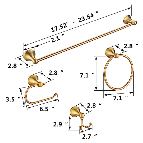 4 Pcs Gold Bathroom Hardware Set - Brushed Brass Gold Bathroom Accessories Kit, Stainless Steel Wall Mounted 23.6 Inch Towel Bar | Towel Hook | Toilet Paper Holder | Hand Towel Holder - color: Gold
