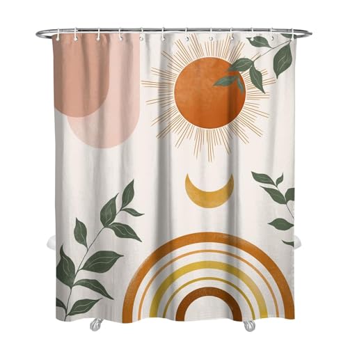 Mid Century Abstract Boho Aesthetic Shower Curtain Set, Green Nature Leaf Sun Modern Minimalist Home Bathroom Curtain Decor with 12 Hooks 72 Inch Wide * 84 Inch High - color: Orange, size: 72"W x 84"L (Pack of 1)