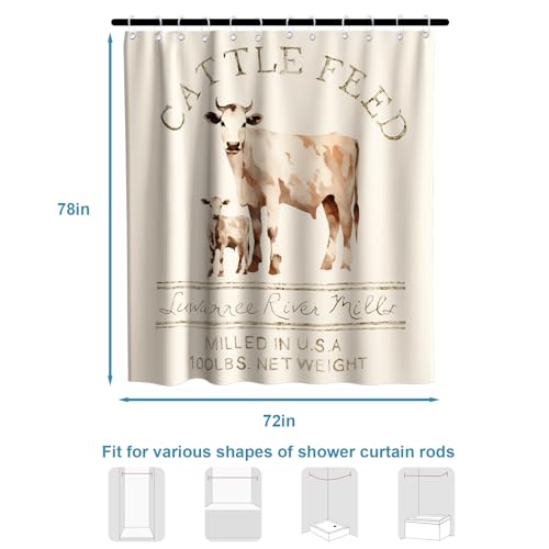 Farmhouse Abstract Animal Cattle Feed Cow Rustic Theme Fabric Shower Curtain Sets Bathroom Decor with Hooks Waterproof Washable 72 x 78 inches Ivory White - size: 72"W x 78"L (Pack of 1)