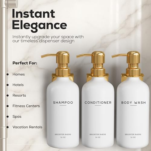 Luxury Shampoo and Conditioner Dispenser Set Wall Mounted by Brighter Barns - Refillable Shampoo and Conditioner Bottles - Shower Dispenser 3 Chamber No Drill - White and Gold Bathroom Decor (Gold) - color: Modern (Gold)
