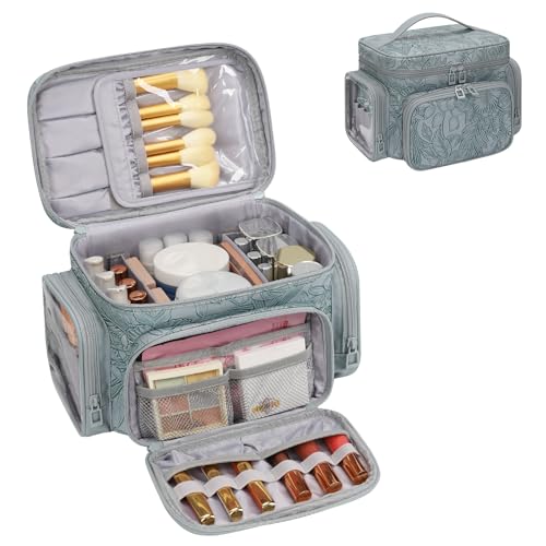 Bagmoly Large Makeup Bag, Portable Travel Makeup Bag Organizer for Women Girls with Makeup Brush Compartment & Two Side Pockets, Cosmetic Travel Bag Vertical Storage Toiletry - Floral Blue - color: 08-Dark Blue, size: Medium