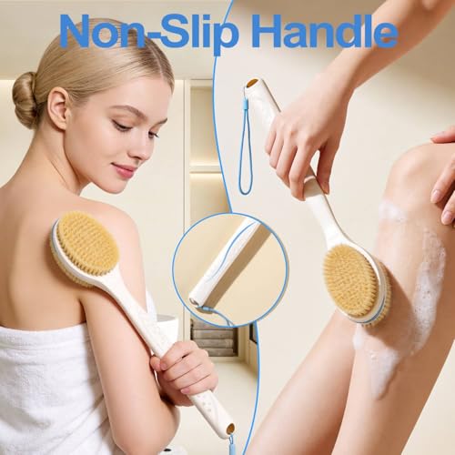 Extendable Back Scrubber –Non-Slip Dual-Sided, Deep Exfoliation | Two-hand pull -17.5"-31.5". Dual-sided stiff & soft bristles. Non-slip grip, quick-dry, rust-proof, rich lather.