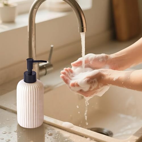 Hand Soap Dispenser Bathroom Accessories, 15oz Ceramic Dish Soap Dispenser for Kitchen Sink, Refillable Liquid Pump Bottle for Shampoo, Lotion, Conditioner, Black White Bathroom Decor - color: Ribbed-white