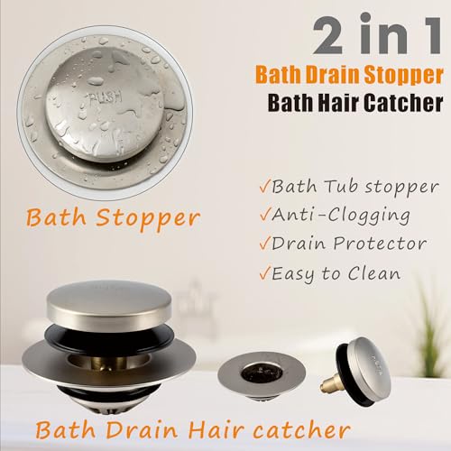 Artiwell Tub Drain, 2 in 1 Pop-up Bathtub Plug with Hair Catcher, Easy Installation Bath Drain Stopper with Strainer, Brushed Nickel - color: Brushed Nickel
