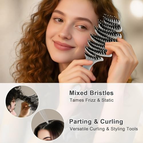 Wet Natural Boar Bristle Hair Brush for Fine Hair - A Great Gift | Smoothing Vented Detangling, Hair Texture, Gentle Scalp Feel, for Women and Men, Paddle, Frizz, Thin Hair, High Quality - color: Light Gray