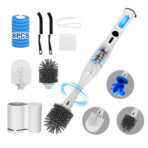 Electric Toilet Brush Scrubber and Holder Set,Electric Toilet Bowl Cleaning Kit with 8 Disposable Refill Heads,Hard Nylon Brush and Soft Silicone Brush