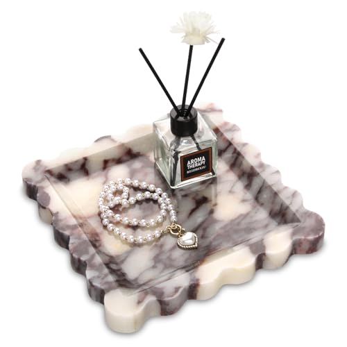 Square Marble Decorative Tray with Scalloped Edge,Luxury Natural Calcutta Stone Bathroom Vanity Tray, Dresser Top Perfume Coffee Home Sink Tray, Key Trinket Ring (Turkey Calacatta Viola, 8 * 8) - color: Calacatta Viola, size: 8" x 8" x 0.8"
