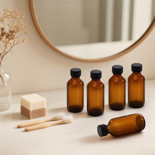 Bekith 30 Pack 2 oz Boston Round Glass Bottle with Black Caps, Amber