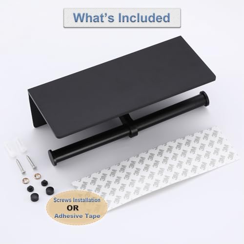 Toilet Paper Holder - Double Rolls Toilet Tissue Holder with Phone Shelf for Bathroom - TP Roll Holder with Wipes Storage, Wall Mounted by Adhesive Pad No Drilling or Screw - Matte Black - color: Black-2 Rolls