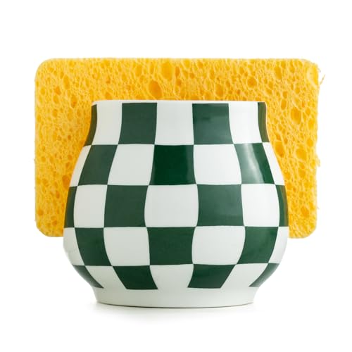 Zoeeker Kitchen Sponge Holder, Ceramic Sponge Organizer Checkered Scrubby Holder Sink Caddy Scrub Dish Rack for Kitchen, Bathroom, Sink, Christmas Decor, Green and White - color: Green and White, size: Barrel-type