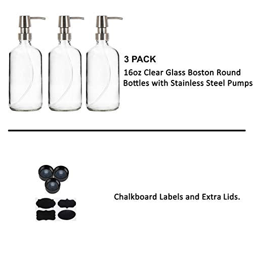 Youngever 3 Pack 16 Ounce Clear Glass Boston Round Bottles with Stainless Steel Pumps, Glass Soap Dispensers with Extra Labels and Lids, Great for Essential Oils, Lotions, Liquid Soaps