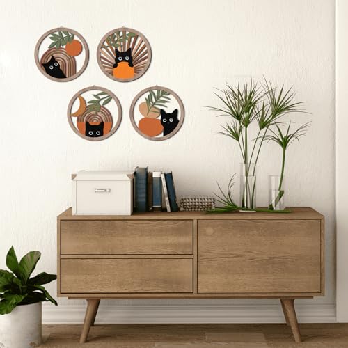 HPNIUB Boho Black Cat Wall Decor, Farmhouse Geometric Hanging Wooden Wall Art, 4 Pieces 10''x10'' Mid Century Bohemian Abstract Moon and Sun Wood Sign for Nursery Bedroom Decoration, Lovely Cat Gifts - color: Cat style A