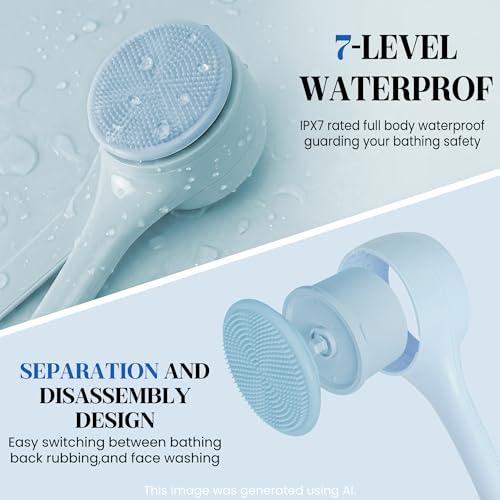 Electric Body Brush Back Scrubber for Shower，5 Replaceable Heads and Hook,Waterproof Long Dual Handle Power Body Scrubber 2 Speeds, for Cleansing Body, Exfoliating and Massaging Skin. - color: Sky Blue
