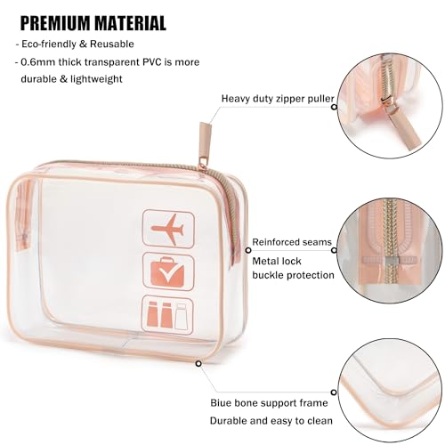 MODENGKONGJIAN TSA Approved Toiletry Bag, 3 Pcs Clear Toiletries Bags Quart Size Travel Makeup Cosmetic Bag for Women Men, Carry on Airport Airline Compliant Bag (Rose Gold) - color: Rose Gold