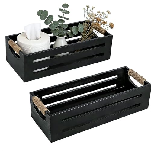 2Pack Wooden Bathroom Storage Crates with Rope Handles - Rustic Farmhouse Toilet Tank Topper Organizer Bin for Toilet Paper, Bathroom Decor, Kitchen Countertop & Home Organization (Black) - color: Black