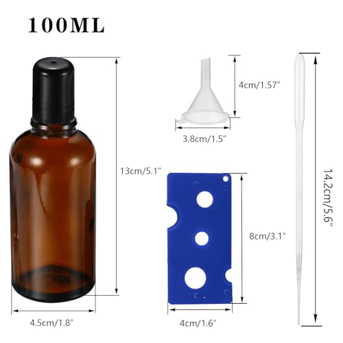100ML Roller Bottles for Essential Oil, 3 Pack Empty Amber Glass Roller Bottle for Perfume Oil, Roll on Bottles with Stainless Steel Roller Balls, Opener, Funnel and Dropper - size: 100ml_3pcs