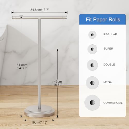RUMOSE Toilet Paper Holder Stand Double Toilet Roll Holder for Floor | Brushed Nickel, 24" H, Bathroom Free standing Tissue Roll Holder, Rustproof, Weighted Base, Stainless Steel