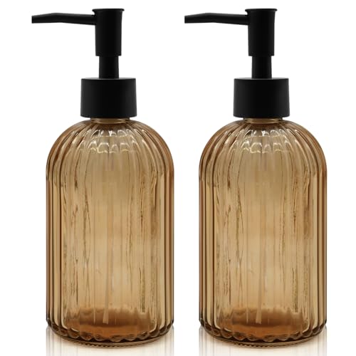 2 Pack 14oz Amber Glass Soap Dispenser with Black Pump – Refillable for Hand Soap, Dish Soap, Lotion, Suited for Kitchen, Bathroom & Laundry Room (Brown) - color: Brown