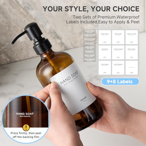 2 Pack Kitchen Soap Dispenser Set - 16oz Amber Glass Dish and Hand Soap Dispenser with Stainless Steel Pump, Instant Dry Tray, Dish Brush & Holder, Refillable Countertop Sink Decor for Kitchen & Bath - color: Amber