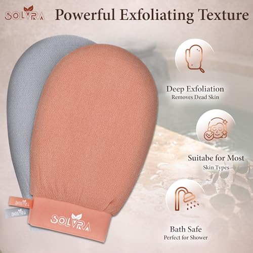 Exfoliating Gloves – 100% Vegan Viscose Kessa Mitt for Dead Skin Removal, Self-Tan Fade, and Keratosis Pilaris – Dual-Texture Glove for Spa & Massage (2 Pack, Gray/Orange) - color: Pack of 2 - Gray & Orange