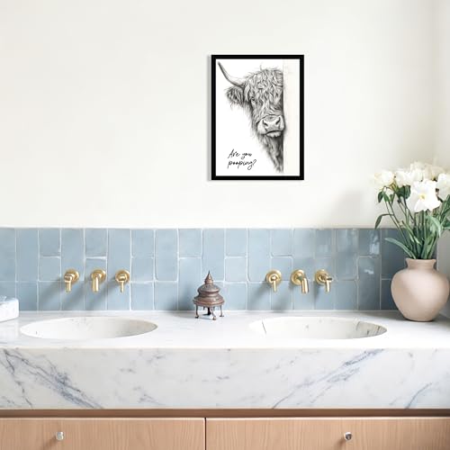 Urmoya Black and White Funny Highland Cow Bathroom Wall Art, Rustic Farmhouse Wall Decor with Humorous Are You Pooping Canvas Print, Cute Animal Art Prints Ready to Hang 12x16 Inch Wood Framed - color: Cow, size: 16"L x 12"W