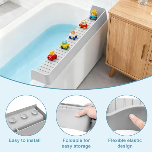 Bathtub Splash Guard for Kids,2.6 FT Silicone Bathtub Play Shelf with 11 Suction Cups, Bath Tub Ledge Shelf for Kids, Prevents Water Spills in Bathroom (Grey) - color: Grey