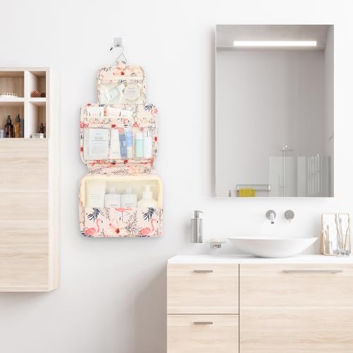 Mossio Hanging Toiletry Bag with Sturdy Hook - Large Portable Cosmetic Makeup Travel Organizer for Men & Women - color: Beige Bird