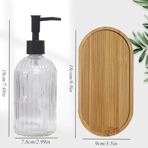 Glass Hand and Dish Soap Dispenser Set of 2 with Plastic Pumps, Bamboo Tray, 13.5oz Clear Bathroom Soap Dispenser with Vertical Stripe for Hand Wash & Dish Wash, Ideal for Bathroom Kitchen Countertop - color: Clear