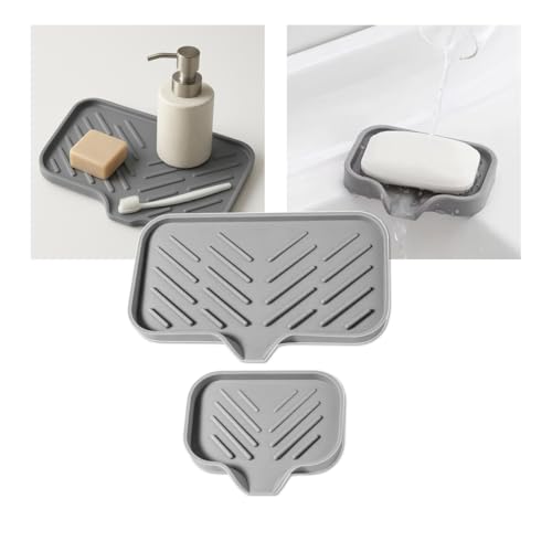 Silicone Soap Tray, Soap Dish with Drain Spout, Bathroom and Kitchen Sink Counter Organizer, Sponge Holder, Perfect for Dispenser, Scrubber, Bottle, Cup on Sink or Counter - Large and Small Set - color: Gray