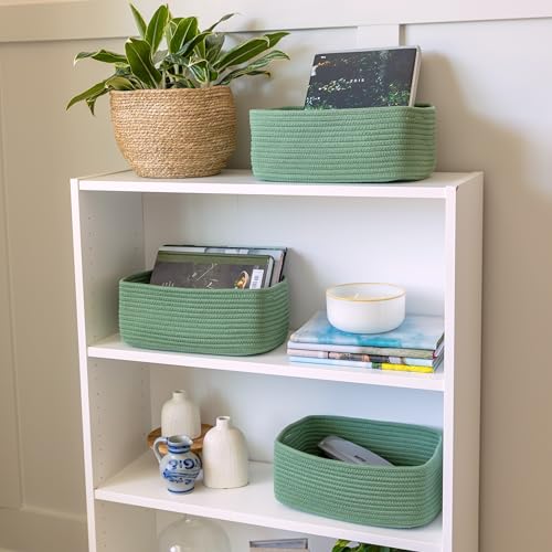 NaturalCozy 13.5”x8.5”x5.5” Rectangle Storage Baskets for Shelves 3 Pack | Cotton Rope Woven Small Baskets for Organizing | Small Storage Bins for Nursery, Bathroom, Closet, Shelf, Decorative - color: Green, size: 13.5" x 8.5" x 5.5"