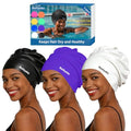 3 Pack Extra Large Swim Cap for Braids & Dreadlocks - Waterproof Silicone Swim Hat for Women with Long Thick Hair, Protective Swim Cap Cover Ears for Swimming, Shower, Bathing - color: Black+Purple+White