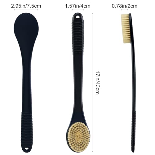 Back Scrubber for Shower, Shower Body Brush for Cleaning with Long Handle for Showering, 17 Inch Back Washer Exfoliator for Shower Men Women with Non-Slip Handle, Adhesive Hook (Black-Boar Bristles) - size: Black - Boar Bristles