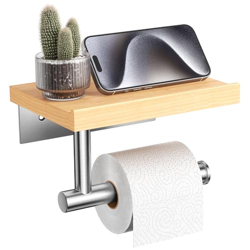 Tindbea Toilet Paper Holder with Wood Shelf, Wooden Wall Mount Tissue Paper Roll Holder, Brushed Nickel Stainless Steel Bathroom Accessories Decor for Home (Maple, Brushed Nickel) - color: Maple & Brushed Nickel