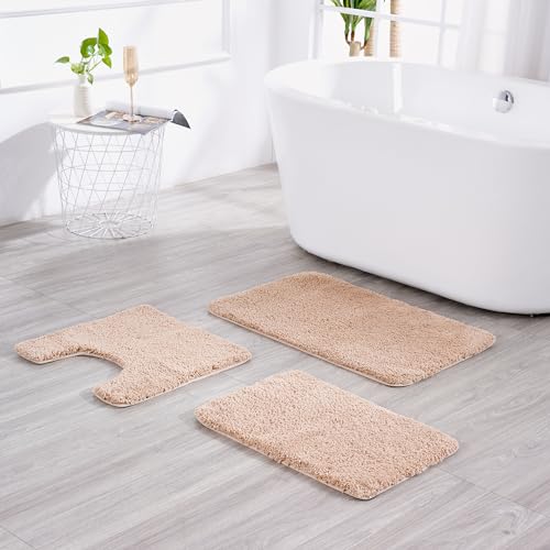 3 Pieces Luxury Bathroom Rug Set with U-Shaped Toilet Rug, Non-Slip Rubber Bottom, Thick Microfiber Fluffy Plush, Water Absorption, Quick Dry, Ultra Soft, Bath Mats for Bathroom, Tub(Beige) - color: Beige
