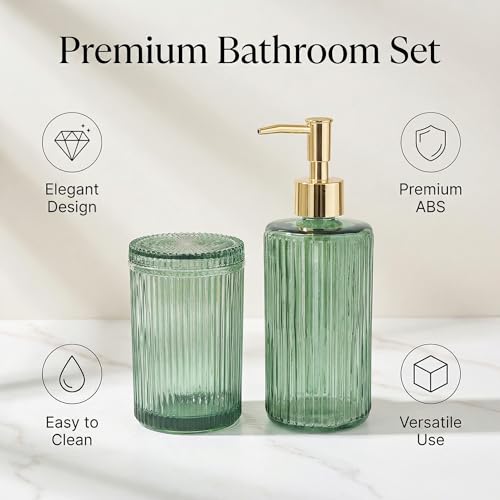 New Hensoar 3 Pcs Green Bathroom Accessories Set, Glass Bathroom Set，Soap Dispenser, Toothbrush Holder, Jewelry Tray, Crystal Modern Bathroom Decor, Housewarming Gift Set - style: 3 pcsGreen