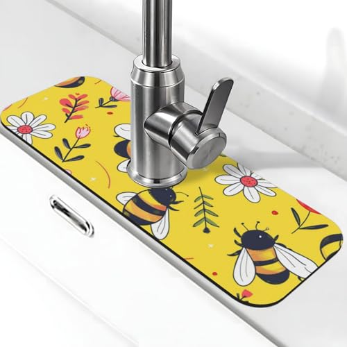 Kitchen Sink Splash Guard Faucet Mat, Yellow Bees Flowers Diatom Mud Absorbent Draining Mat For Kitchen Sink Bathroom - color: Yellow Bees Flowers, size: One Size