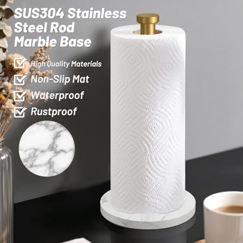VEHHE Marble Paper Towel Holder for Kitchen Countertop, Standing Paper Towel Stand with Weighted Base & EVA Non-Slip Pad, for Bathroom or Kitchen (Gold) - color: Marble Base | Gold