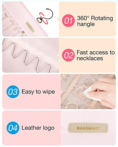 BAGSMART Hanging Jewelry Organizer Storage Roll with Hanger Metal Hooks Double-Sided Jewelry Holder for Earrings, Necklaces, Rings on Closet, Wall, Door, 1 piece, Medium, Pink - color: Pink, size: Medium