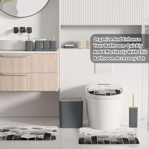 XLHOMO Bathroom Set - 26PC Bathroom Set with Shower Curtain and Rugs, Bathroom Accessory Set, Grey Bathroom Accessories Set, Trash Can & Soap Dispenser - style: Grey&Gold