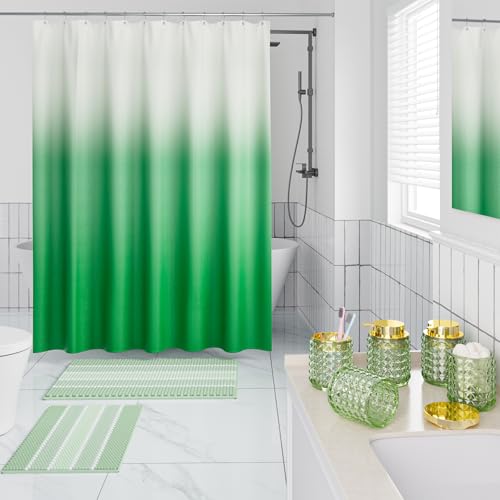XLHOMO Bathroom Sets with Shower Curtain and Rugs and Accessories, Glass Bathroom Accessories Set Green Bathroom Set Bathroom Sets, Green Bath Mat and Diamond Soap Dispenser for Bathroom Decor - size: Bath Set+Shower Curtain+Bath Rugs