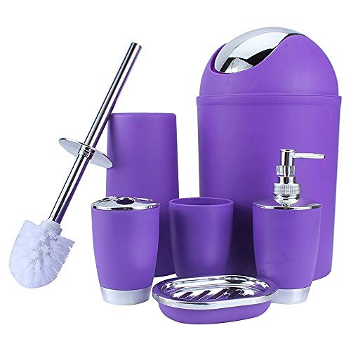Bathroom Accessories Set 6 Pieces Plastic Bathroom Accessories Toothbrush Holder, Rinse Cup, Soap Dish, Hand Sanitizer Bottle, Waste Bin, Toilet Brush with Holder(6 Colors) (Purple)