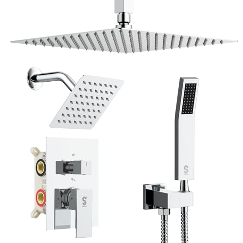 Shower Faucet Set Shower System - SR SUN RISE Polished Chrome Shower Trim Kit with Dual Shower Head, 12'' Ceiling Rainfall 6'' Wall Mount with Handheld Shower for Couples, Complete 6 Diverter Valve - color: Chrome, size: 12 Inch