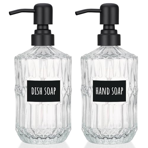 Segbeauty 15.2oz Glass Soap Dispenser Refillable, 2pcs Empty Bathroom Hand Soap Dispenser with Stainless Steel Pump, 450ml Clear Lotion Pump Bottle with Labels, Vintage Shampoo and Conditioner Bottle - color: Clear, size: 15.2oz/450ml