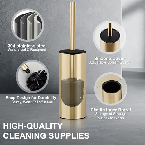 304 Stainless Steel Toilet Bowl Brush and Holder Set, Circular Floor Toilet Brush Holder, Long Handle, Bathroom Heavy-Duty Cleaner, High-End Cylinder Wall,2 Brush Head (Brushed Gold) YIGUANXIN - color: H-brushed Gold